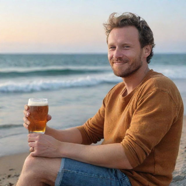 Generate an image of a person named John sitting next to the sea, leisurely holding an amber-colored beer in his hand.