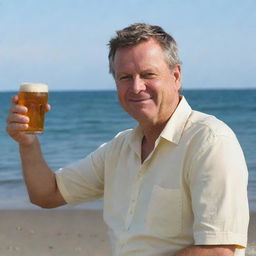 Generate an image of a person named John sitting next to the sea, leisurely holding an amber-colored beer in his hand.