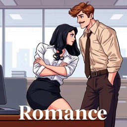 A captivating romance book cover set in a modern corporate office backdrop