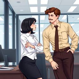 A romance book cover set in a sleek corporate office environment