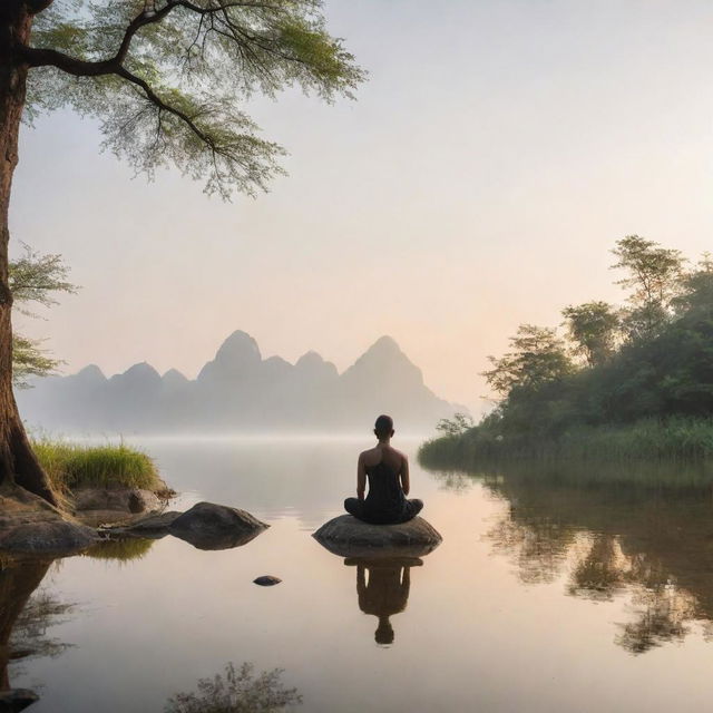 A meditative scenery with a figure sitting calmly, observing the world without reacting, encompassing the philosophy of mindfulness and serenity.