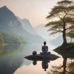 A meditative scenery with a figure sitting calmly, observing the world without reacting, encompassing the philosophy of mindfulness and serenity.