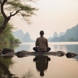 A meditative scenery with a figure sitting calmly, observing the world without reacting, encompassing the philosophy of mindfulness and serenity.