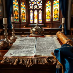 An intricate and beautifully designed Torah scroll laid out on a rich wooden table