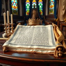 An intricate and beautifully designed Torah scroll laid out on a rich wooden table