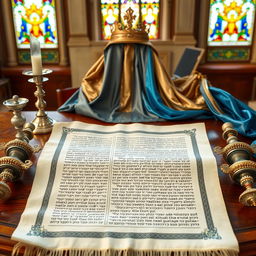 An intricate and beautifully designed Torah scroll laid out on a rich wooden table