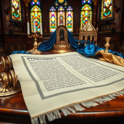 An intricate and beautifully designed Torah scroll laid out on a rich wooden table