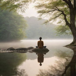 A meditative scenery with a figure sitting calmly, observing the world without reacting, encompassing the philosophy of mindfulness and serenity.