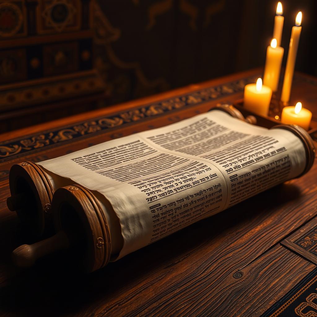 An ancient Torah scroll, meticulously rolled up, resting on a textured wooden table