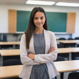 A stylish young female student stands in a 21st century classroom filled with modern educational technology. She is fashionably dressed head to toe in contemporary attire