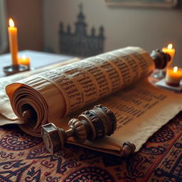 An ancient Torah scroll, meticulously rolled up, resting on a textured wooden table