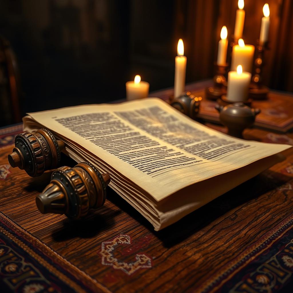 An ancient Torah scroll, meticulously rolled up, resting on a textured wooden table