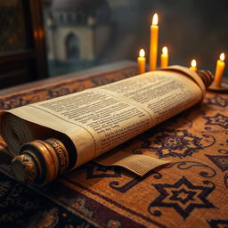 An ancient Torah scroll, meticulously rolled up, resting on a textured wooden table