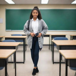 A stylish young female student stands in a 21st century classroom filled with modern educational technology. She is fashionably dressed head to toe in contemporary attire