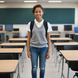 A stylish young female student stands in a 21st century classroom filled with modern educational technology. She is fashionably dressed head to toe in contemporary attire