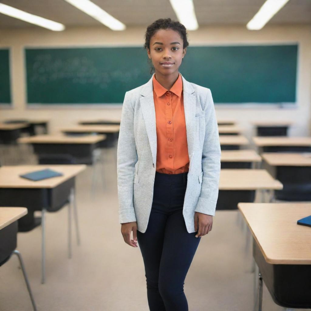 A stylish young female student stands in a 21st century classroom filled with modern educational technology. She is fashionably dressed head to toe in contemporary attire