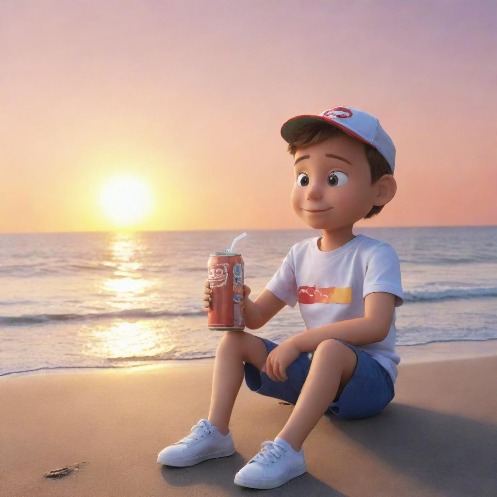 Generate an image of a cartoon character named Tommy, sitting beside the sea, watching the sun set, with a can of soda in his hand.