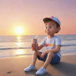 Generate an image of a cartoon character named Tommy, sitting beside the sea, watching the sun set, with a can of soda in his hand.