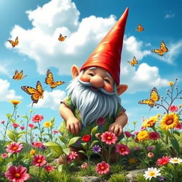 A whimsical scene featuring a cheerful gnome with a passion for gardening, surrounded by vibrant flowers and lush greenery