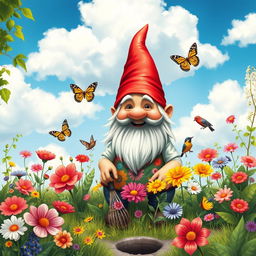 A whimsical scene featuring a cheerful gnome with a passion for gardening, surrounded by vibrant flowers and lush greenery