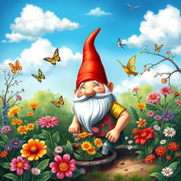 A whimsical scene featuring a cheerful gnome with a passion for gardening, surrounded by vibrant flowers and lush greenery