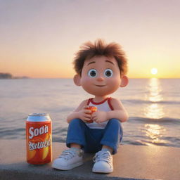 Generate an image of a cartoon character named Tommy, sitting beside the sea, watching the sun set, with a can of soda in his hand.