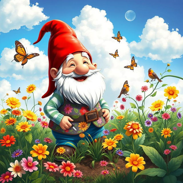 A whimsical scene featuring a cheerful gnome with a passion for gardening, surrounded by vibrant flowers and lush greenery