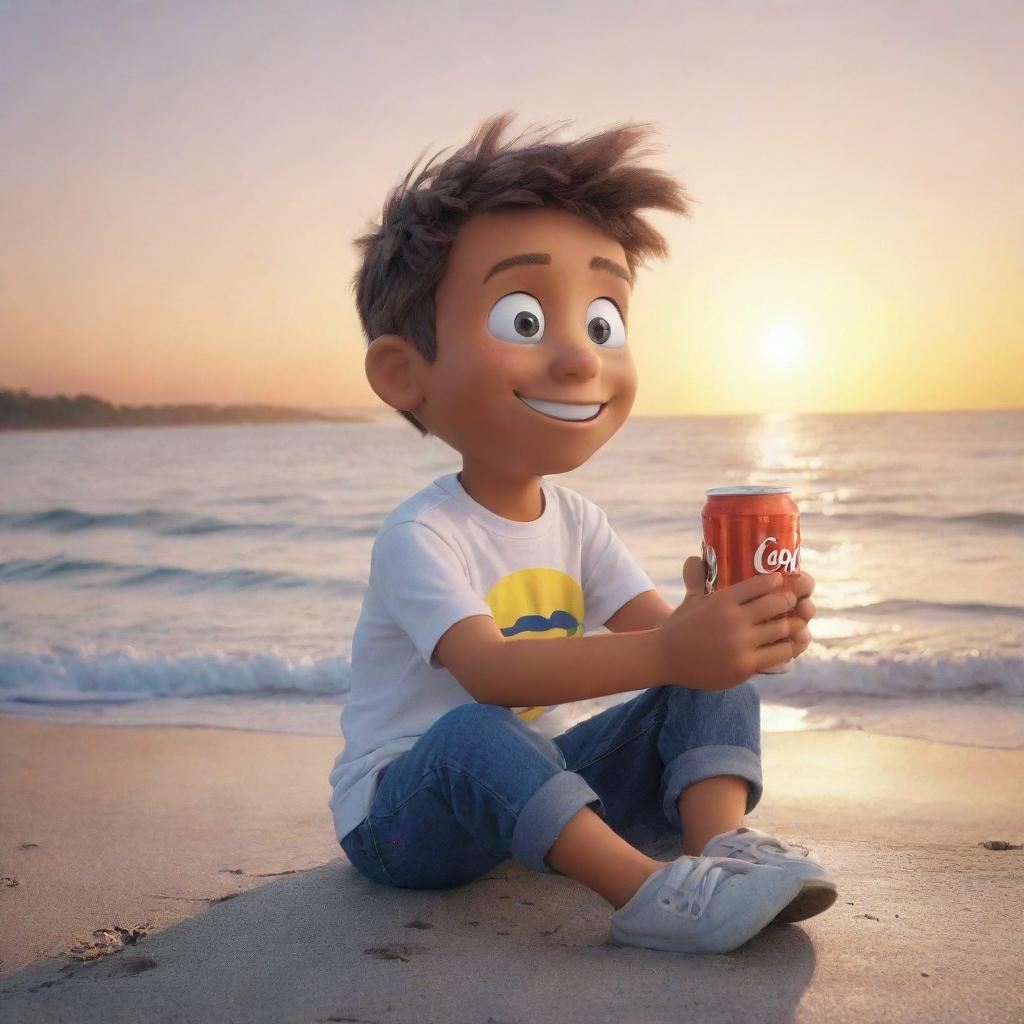 Generate an image of a cartoon character named Tommy, sitting beside the sea, watching the sun set, with a can of soda in his hand.