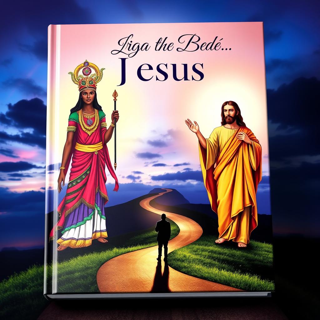 A book cover featuring the orixá Logun Edé on one side, depicted in traditional attire with vibrant colors, embodying strength and grace, symbolizing the balance between nature and spirituality