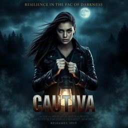 A cinematic movie poster for a film titled "Cautiva" featuring an intense and dramatic scene