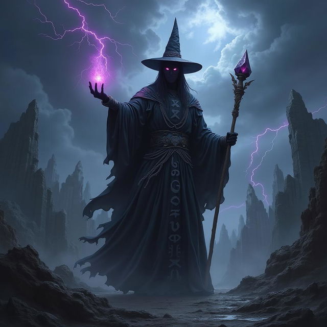 A powerful dark wizard standing in a mystical, shadowy landscape