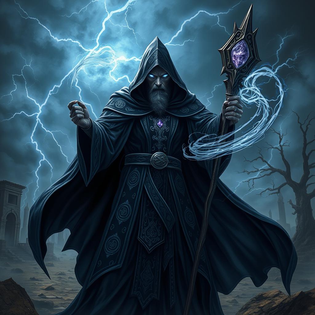 A powerful dark wizard radiating an aura of otherworldly power, standing amidst a stormy, desolate battlefield