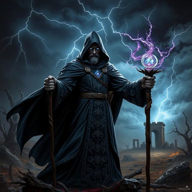 A powerful dark wizard radiating an aura of otherworldly power, standing amidst a stormy, desolate battlefield