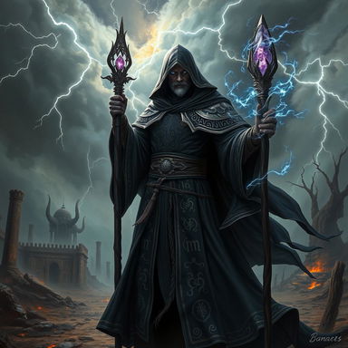 A powerful dark wizard radiating an aura of otherworldly power, standing amidst a stormy, desolate battlefield