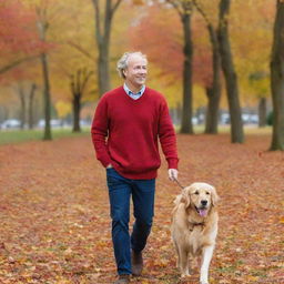 A contented man wearing a vibrant red sweater, leisurely walking in an autumn park with a playful golden retriever bounding around him amongst richly colored fallen leaves.