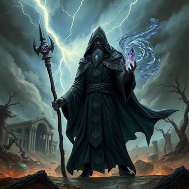 A powerful dark wizard radiating an aura of otherworldly power, standing amidst a stormy, desolate battlefield