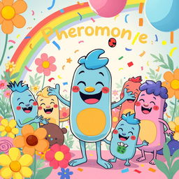 A humorous and vibrant illustration of pheromones personified as colorful, anthropomorphic characters in a whimsical setting