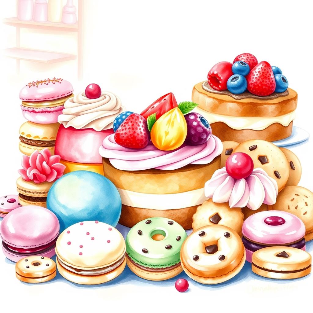 A delightful and colorful watercolor painting featuring an array of delicious desserts arranged beautifully for a bakery logo