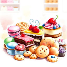 A delightful and colorful watercolor painting featuring an array of delicious desserts arranged beautifully for a bakery logo