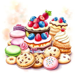 A delightful and colorful watercolor painting featuring an array of delicious desserts arranged beautifully for a bakery logo