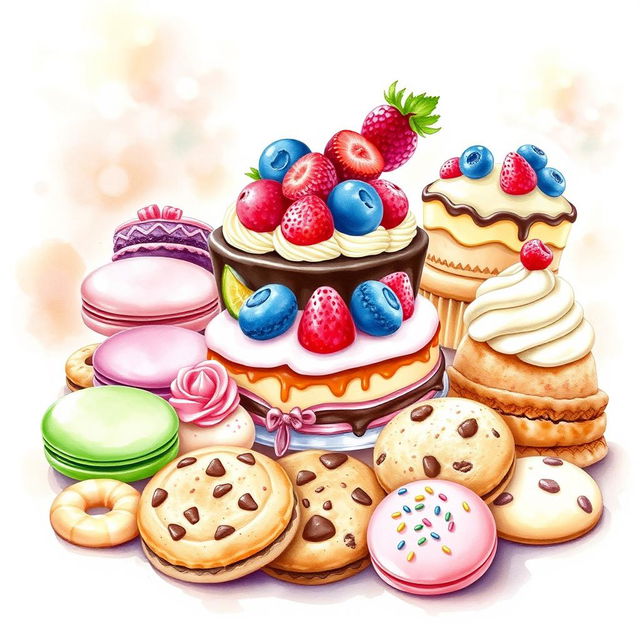 A delightful and colorful watercolor painting featuring an array of delicious desserts arranged beautifully for a bakery logo