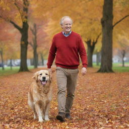 A contented man wearing a vibrant red sweater, leisurely walking in an autumn park with a playful golden retriever bounding around him amongst richly colored fallen leaves.