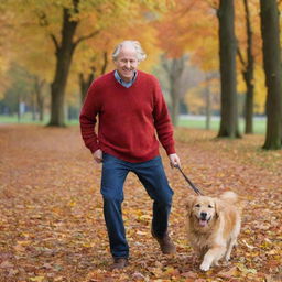 A contented man wearing a vibrant red sweater, leisurely walking in an autumn park with a playful golden retriever bounding around him amongst richly colored fallen leaves.