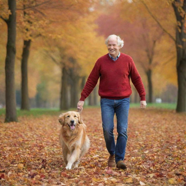 A contented man wearing a vibrant red sweater, leisurely walking in an autumn park with a playful golden retriever bounding around him amongst richly colored fallen leaves.