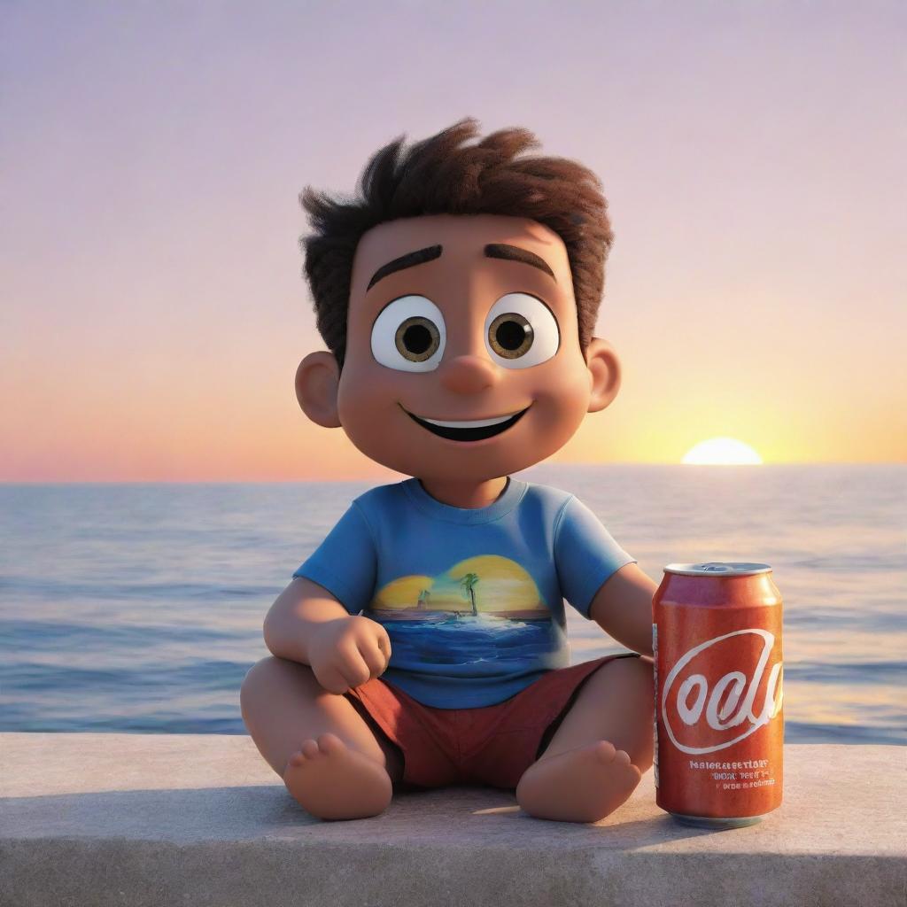 Generate an image of a cartoon character named Sammy, sitting by the sea, watching the sunset with a can of soda in his hand.