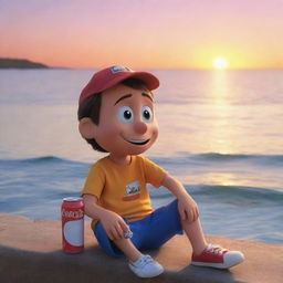 Generate an image of a cartoon character named Sammy, sitting by the sea, watching the sunset with a can of soda in his hand.