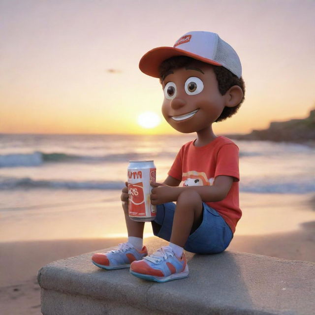 Generate an image of a cartoon character named Sammy, sitting by the sea, watching the sunset with a can of soda in his hand.