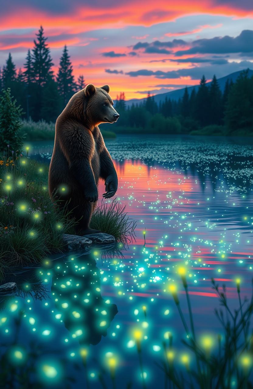 A majestic bear standing at the edge of a shimmering lake filled with glow in the dark fireflies, creating a magical and enchanting atmosphere