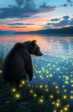 A majestic bear standing at the edge of a shimmering lake filled with glow in the dark fireflies, creating a magical and enchanting atmosphere