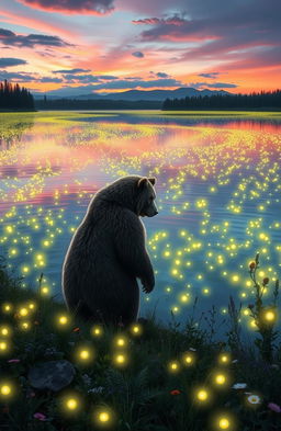 A majestic bear standing at the edge of a shimmering lake filled with glow in the dark fireflies, creating a magical and enchanting atmosphere